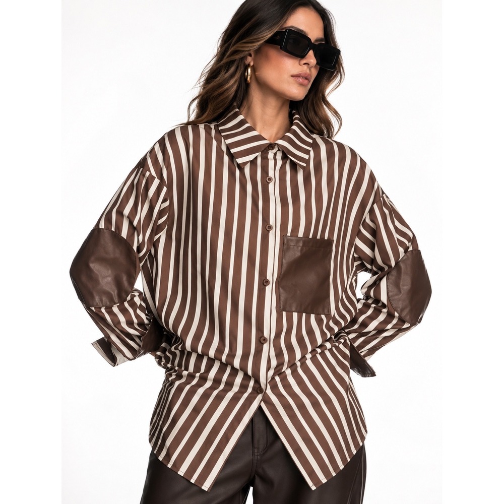 Commense Brown Striped Oversized Button Down Shirt Faux Leather Accents XS